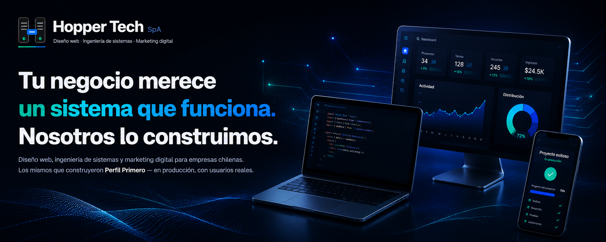 Ecosistema digital Hopper Tech en escritorio, laptop y móvil.